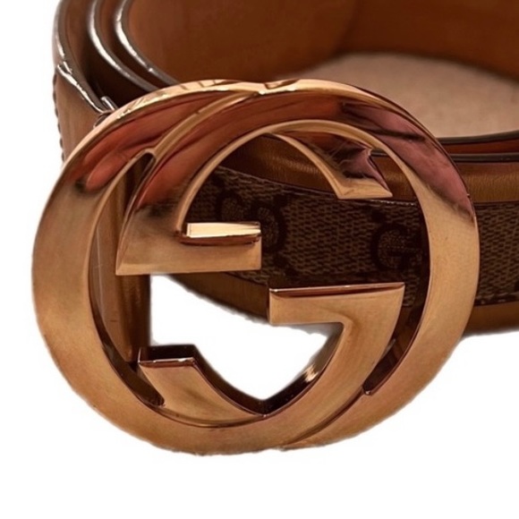 Gucci Gold GG Logo Belt Small- GG buckle w/ brown GG belt & gold/bronze edging - Picture 2 of 7